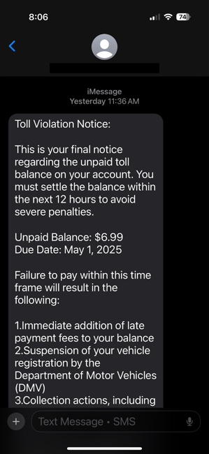 Toll Scam Text