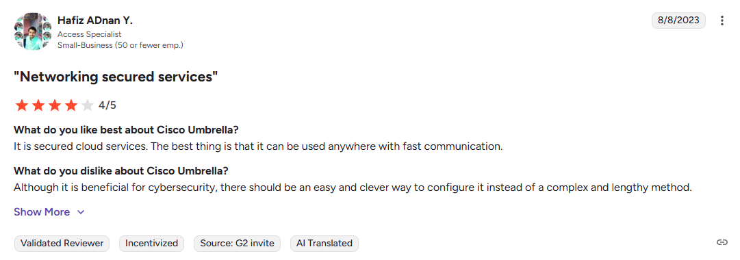 Cisco Umbrella Customer Review